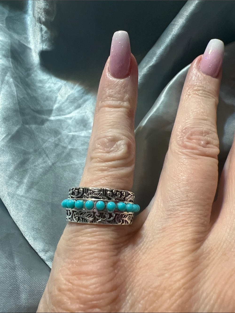 Boho Sterling-Styler Turquoise Bead Stackable Ring - Blue Turquoise